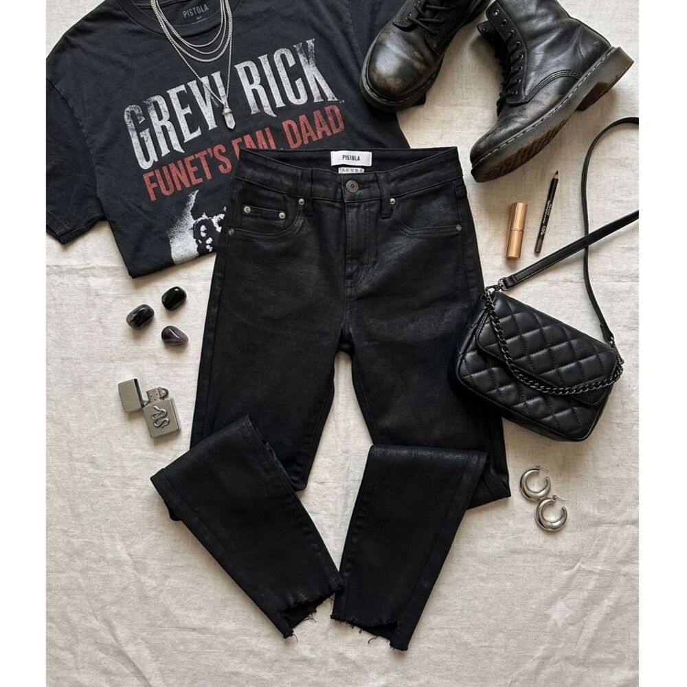 Pistola Aline Coated High Rise Skinny Jeans Black Onyx Raw Hem Stretch 25
